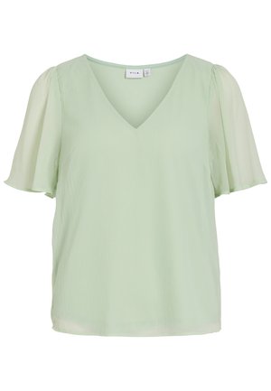 Light green women's blouse with V-neck and flutter sleeves made of sheer fabric, featuring a slightly textured finish.