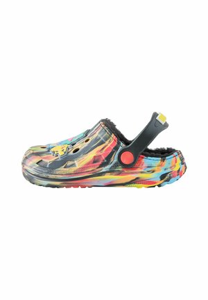 Child's colorful slip-on clog with black strap, fleece lining, ventilation holes, and cartoon character decoration on top.