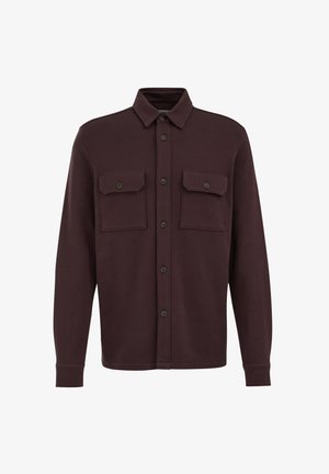 Veste-chemise à manches longues marron foncé avec col, fermeture à boutons sur le devant et deux poches poitrine avec rabats boutonnés.