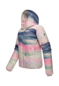 Veste rembourrée avec un motif de vagues multicolores dans des teintes pastel de rose, bleu et vert. Elle dispose d'une capuche et de poches latérales.