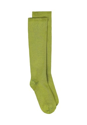 Grüne knielange Socken aus einem weichen, strukturierten Material, mit einem gerippten Design und einer nahtlosen Zehenpartie.