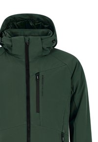 Giacca impermeabile verde con colletto alto, cappuccio regolabile e due tasche con zip. Presenta una texture liscia e un design minimalista.