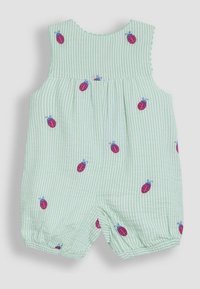 Mono de rayas verde claro con mariquitas rojas bordadas y acentos azules, con una cintura fruncida y aberturas elásticas en las piernas.