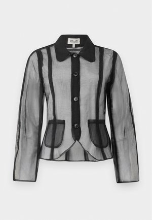 Čierny priesvitný kabát s dlhými rukávmi, štruktúrovaným golierom, šiestimi gombíkmi a dvoma prednými vreckami. Má vertikálnu pruhovanú štruktúru a prispôsobený dizajn.