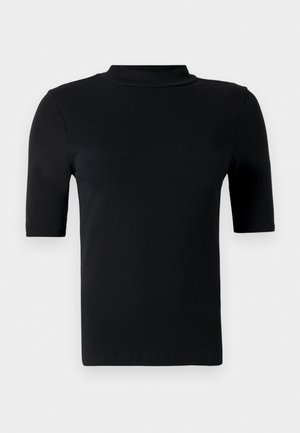 T-shirt noir à manches courtes en tissu lisse, avec un design ajusté, un col montant et sans motifs ni accents visibles.
