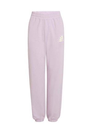 Lavender sweatpants with an elastic waistband and cuffs, featuring a small white flower graphic on the left thigh. Soft cotton blend fabric.