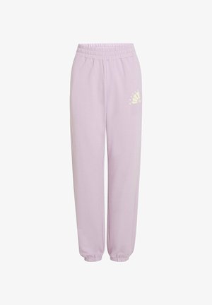 Levanduľové športové nohavice s pružným pásom a manžetami, s malou bielou kvetinovou grafikou na ľavom stehne. Mäkká zmes bavlny.