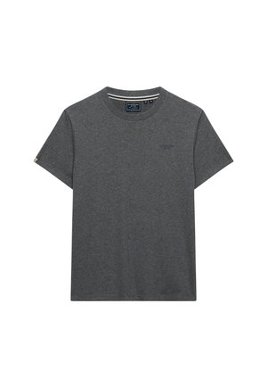 Mørkegrå T-shirt med korte ærmer og rund halsudskæring med subtilt logo på brystet og stribet detalje inden i kraven, størrelse medium.