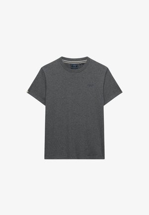 Mørkegrå T-shirt med korte ærmer og rund halsudskæring med subtilt logo på brystet og stribet detalje inden i kraven, størrelse medium.