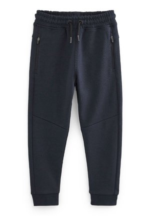 Czarne spodnie dresowe z elastycznym pasem, sznurkiem do regulacji, bocznymi kieszeniami zamykanymi na zamek oraz ściągaczami przy kostkach.