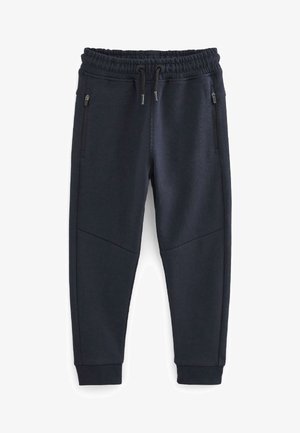Pantalon de jogging noir avec taille élastique, cordon de serrage, poches latérales zippées et chevilles côtelées.