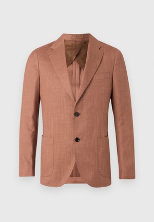 Lysebrun tekstureret jakkesætjakke med notchet revers, tre sorte knapper, to forlommer og en brun foring.