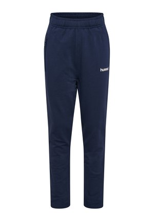 Marineblå sportbukser med elastisk talje, sidelomme med lynlås og hvid "hummel"-logo på venstre lår.