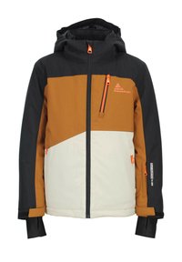 Veste de ski color-block avec des panneaux noirs, marron et crème, poches zippées avec des accents orange et capuche ajustable. Matériau résistant à l'eau.