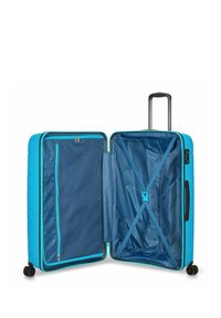 Maleta de material rígido en azul brillante, que cuenta con un interior espacioso con un gran bolsillo de malla y correas cruzadas, ruedas suaves y un asa telescópica.