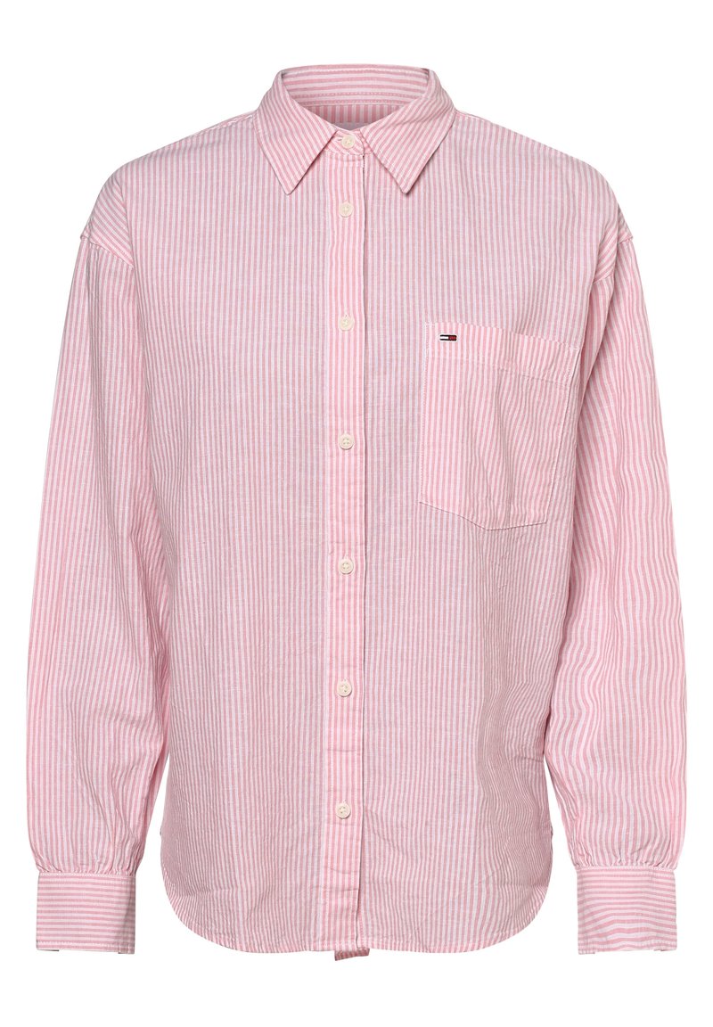 Randig skjorta i rosa och vitt, långa ärmar, en bröstficka, tillverkad av lätt material, har rundad nederkant och knäppningar vid ärmsluten.