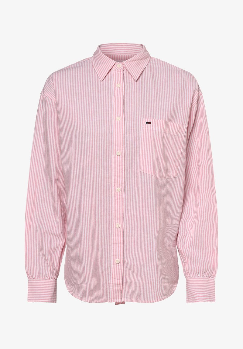 Randig skjorta i rosa och vitt, långa ärmar, en bröstficka, tillverkad av lätt material, har rundad nederkant och knäppningar vid ärmsluten.