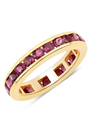 Goldring, besetzt mit runden rötlich-pinken Edelsteinen. Glatte Oberfläche mit einheitlicher Form und mehreren runden Steinen, die entlang der Oberfläche eingelassen sind.