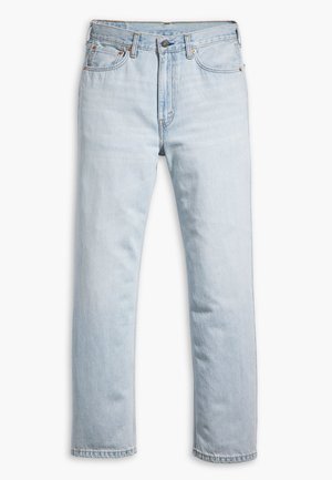 Light blue denim jeans with a straight cut, featuring five pockets, brass hardware, and a classic button and zipper closure.