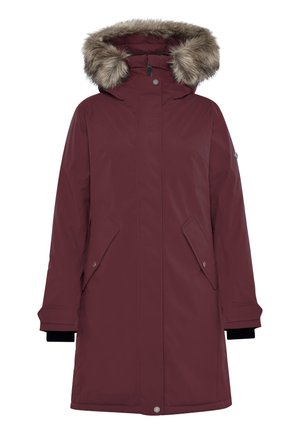Burgundy parkas med fuskpäls på huvarmen, knäppningar framtill, två sidofickor och svarta stickade manschetter. Vattentätt material med en slät yta.