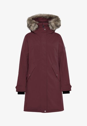 Burgundy parkas med fuskpäls på huvarmen, knäppningar framtill, två sidofickor och svarta stickade manschetter. Vattentätt material med en slät yta.