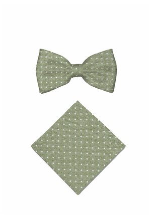 Grünes Fliegen- und Einstecktuch-Set mit weißen Polka-Dots und Fischgrätstruktur auf weißem Hintergrund.