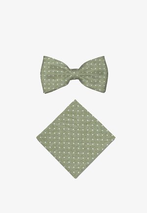 Grünes Fliegen- und Einstecktuch-Set mit weißen Polka-Dots und Fischgrätstruktur auf weißem Hintergrund.