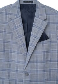 Blazer a quadri grigi con linee blu e bianche, con revers a punta, chiusura con un bottone singolo e taschino sul petto con un fazzoletto blu scuro.