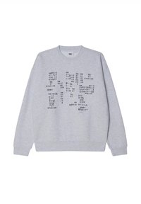 Felpa grigia in cotone misto, con stampa in lettere maiuscole nera, colletto rotondo e polsini a costine, dal taglio rilassato.