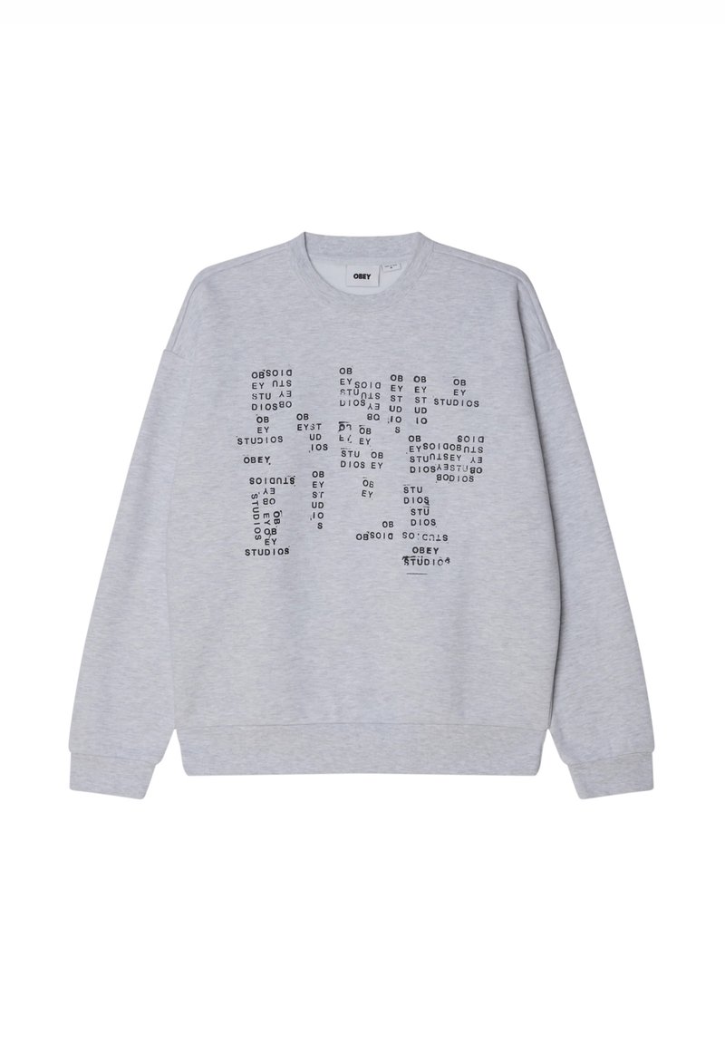 Felpa grigia in cotone misto, con stampa in lettere maiuscole nera, colletto rotondo e polsini a costine, dal taglio rilassato.