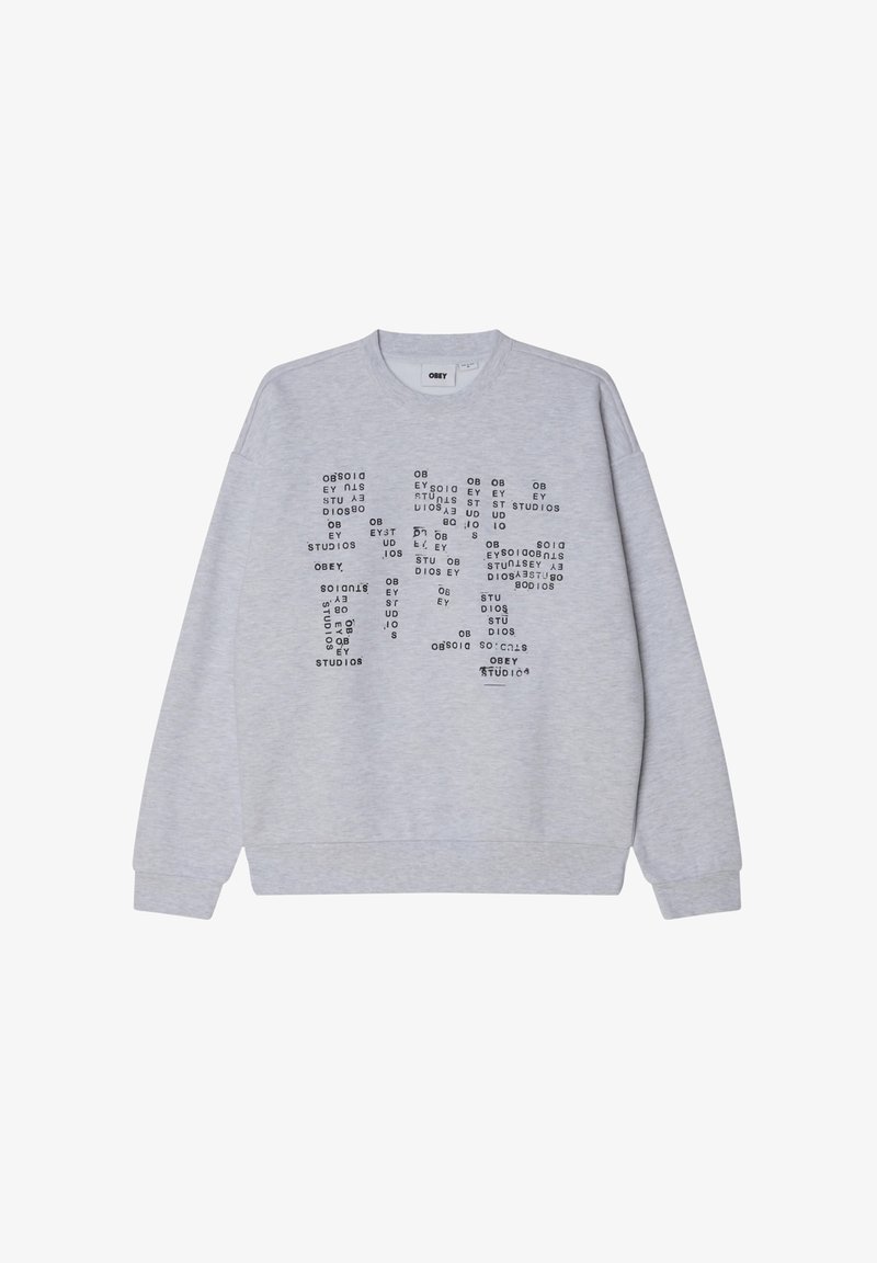 Felpa grigia in cotone misto, con stampa in lettere maiuscole nera, colletto rotondo e polsini a costine, dal taglio rilassato.