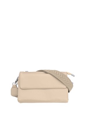 Borsa a tracolla rettangolare in pelle beige con tasca frontale con patta e tracolla regolabile texturizzata con motivo a zigzag.