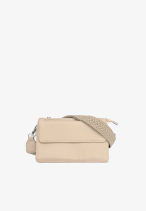 Borsa a tracolla rettangolare in pelle beige con tasca frontale con patta e tracolla regolabile texturizzata con motivo a zigzag.