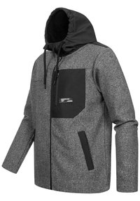 Gray patterned jacket with a black hood and pocket accents, featuring a zipper closure and a logo label on the chest pocket.