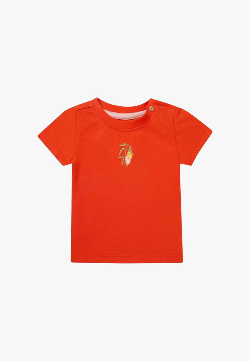 Rode katoenen t-shirt met korte mouwen, voorzien van een kleine geborduurde citroen tak op de borst en een drukknoopdetail op de schouder.