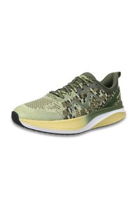 Green and yellow athletic shoe featuring a textured knit upper, flexible sole, and a wave-like accent design on the side.