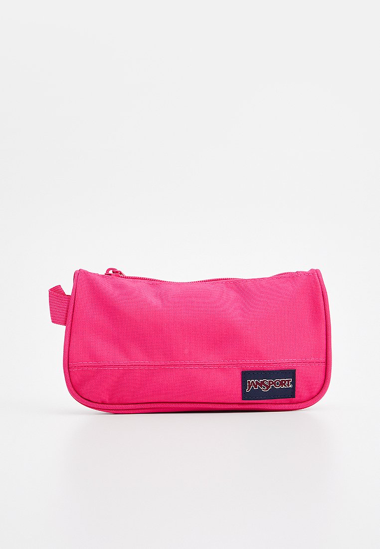 Rosa Nylon-Mäppchen mit einem Reißverschluss, runder Form und einem Jansport-Logo-Patch in der unteren rechten Ecke.