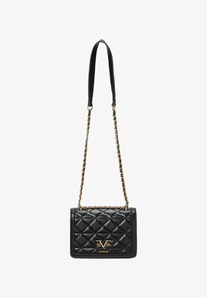 Black quilted leather crossbody bag with a gold chain strap, featuring a gold logo detail and a rectangular shape with a flap closure.