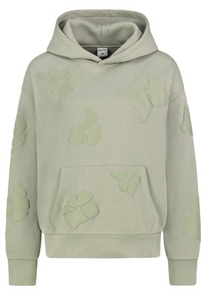 Light green hoodie made of soft fabric, featuring large, textured floral appliqués and a front pocket. Ribbed cuffs and hem.