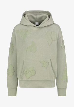 Hellgrüner Hoodie aus weichem Stoff, mit großen, strukturierten Blumenapplikationen und einer Fronttasche. Rippbündchen und -saum.