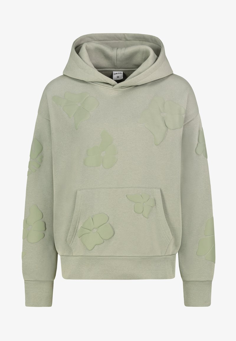Hellgrüner Hoodie aus weichem Stoff, mit großen, strukturierten Blumenapplikationen und einer Fronttasche. Rippbündchen und -saum.