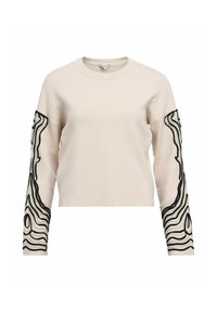 Hellbeiger Pullover mit langen Ärmeln, verziert mit einem schwarzen abstrakten Wellenmuster. Gerippter Halsausschnitt und Bündchen. Weiche Textur. Kurz geschnittenes Design.