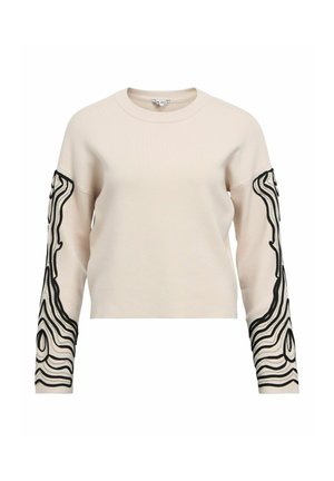 Světlý béžový sweatshirt s dlouhými rukávy zdobený černým abstraktním vlnkovým vzorem. Žebrovaný výstřih a manžety. Měkká textura. Krátký střih.