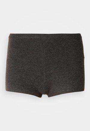 Tamnosive pamučne bokserice glatke teksture, širokog elastičnog pojasa i udobnog kroja. Bez vidljivih uzoraka ili ukrasa.