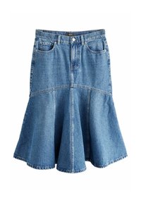 Denim nederdel med en flared kant, blåvasket stof, to forlommer og knaplukning i taljen. Ren, udekoreret design.