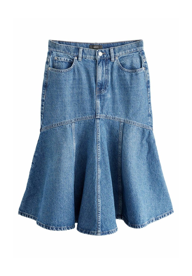 Denim nederdel med en flared kant, blåvasket stof, to forlommer og knaplukning i taljen. Ren, udekoreret design.