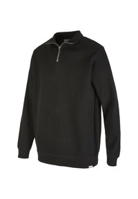 Black fleece pullover with a half-zip collar, ribbed texture, long sleeves, and a straight hem. Features a small logo tag at the bottom.