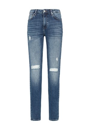 Úzké džíny ve středně modrém denimovém odstínu s ošoupanými místy a dvěma roztrženými koleny. Mají klasický design s pěti kapsami a kovové zapínání na knoflík.