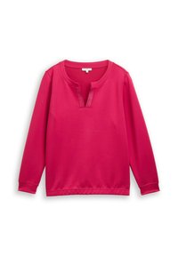 Langärmliges fuchsia Oberteil mit rundem Halsausschnitt und einem kleinen, V-förmigen Ausschnitt mit weißen Steppnähten.