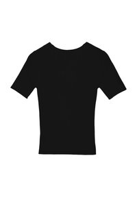 Black ribbed short-sleeve top with a round neckline. The fabric has a textured finish, displaying a fitted silhouette without any additional details.